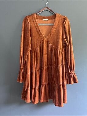 Long Sleeve Rust Corduroy Tiered V-Neck Dress